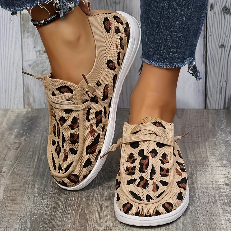 Women's Leopard Print Loafers, Comfy Knit Low Top Slip On Flat Shoes, Casual Walking Sneakers