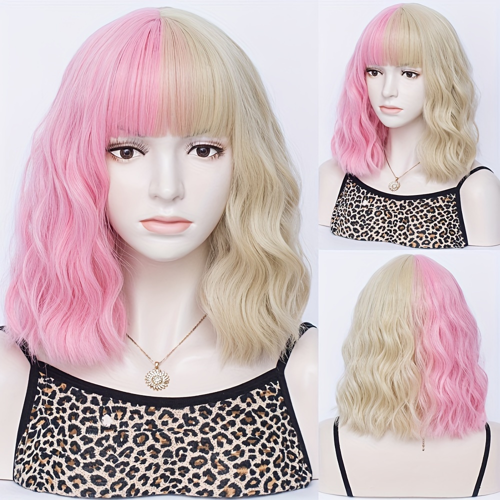 Two Tone Short Curly Wig with Bangs - Shoulder Length Synthetic Split Wig