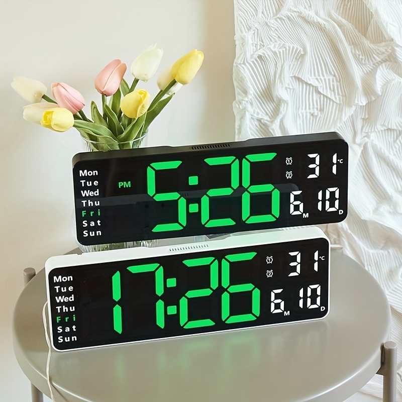 Reloj de pared de 12 pulgadas, luz ambiental colorida, reloj Digital con  Control remoto, pantalla grande, alarmas duales para sala de estar, reloj