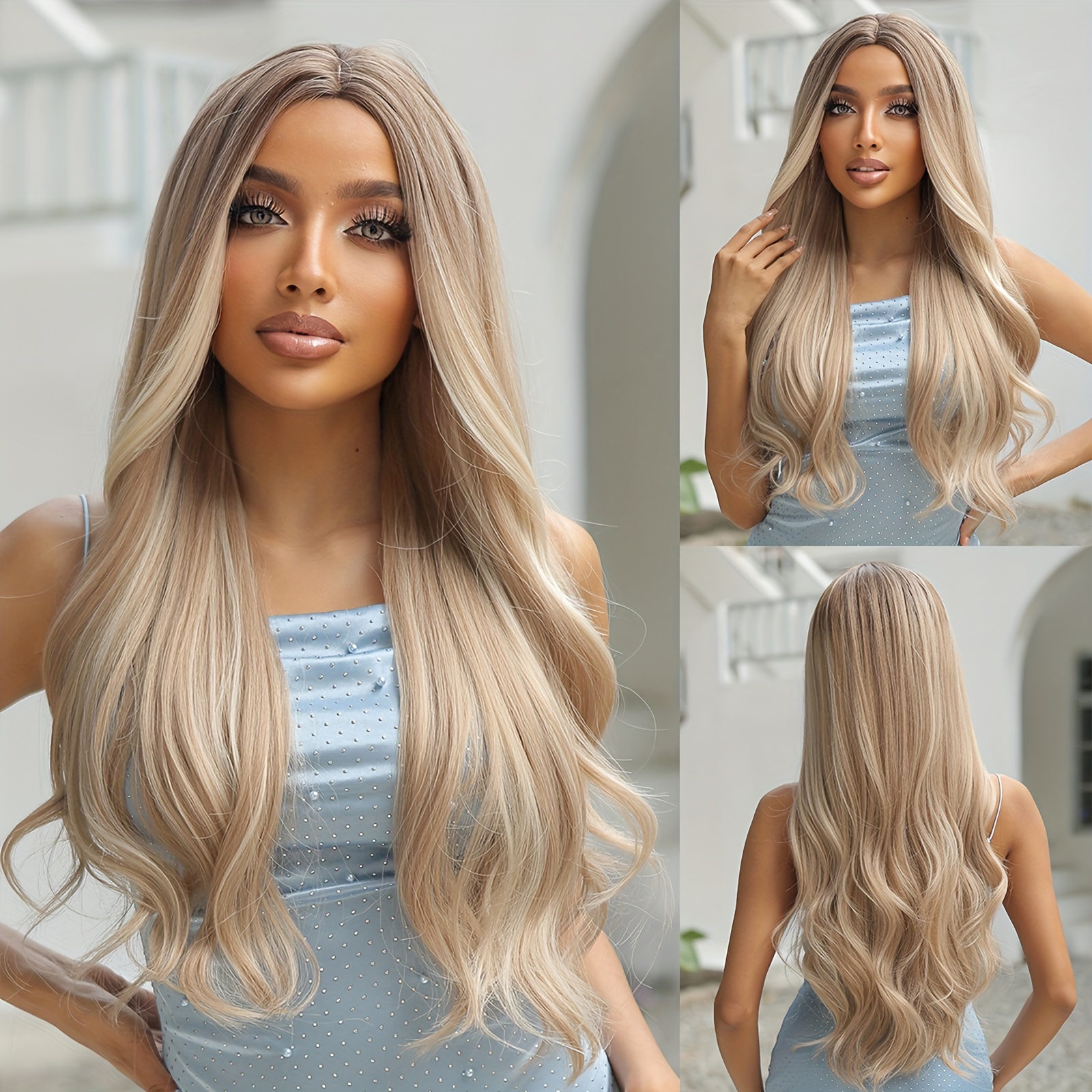 71 12 Cm Long Curly Wavy Brown Blonde Highlight Middle Part Synthetic Wigs