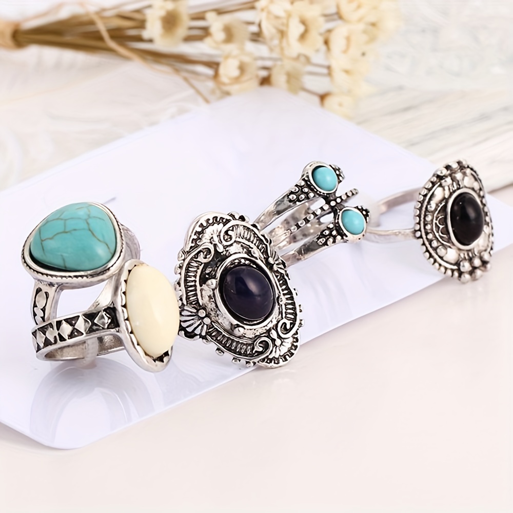 5pcs Boho Style Stacking Rings Inlaid Turquoise