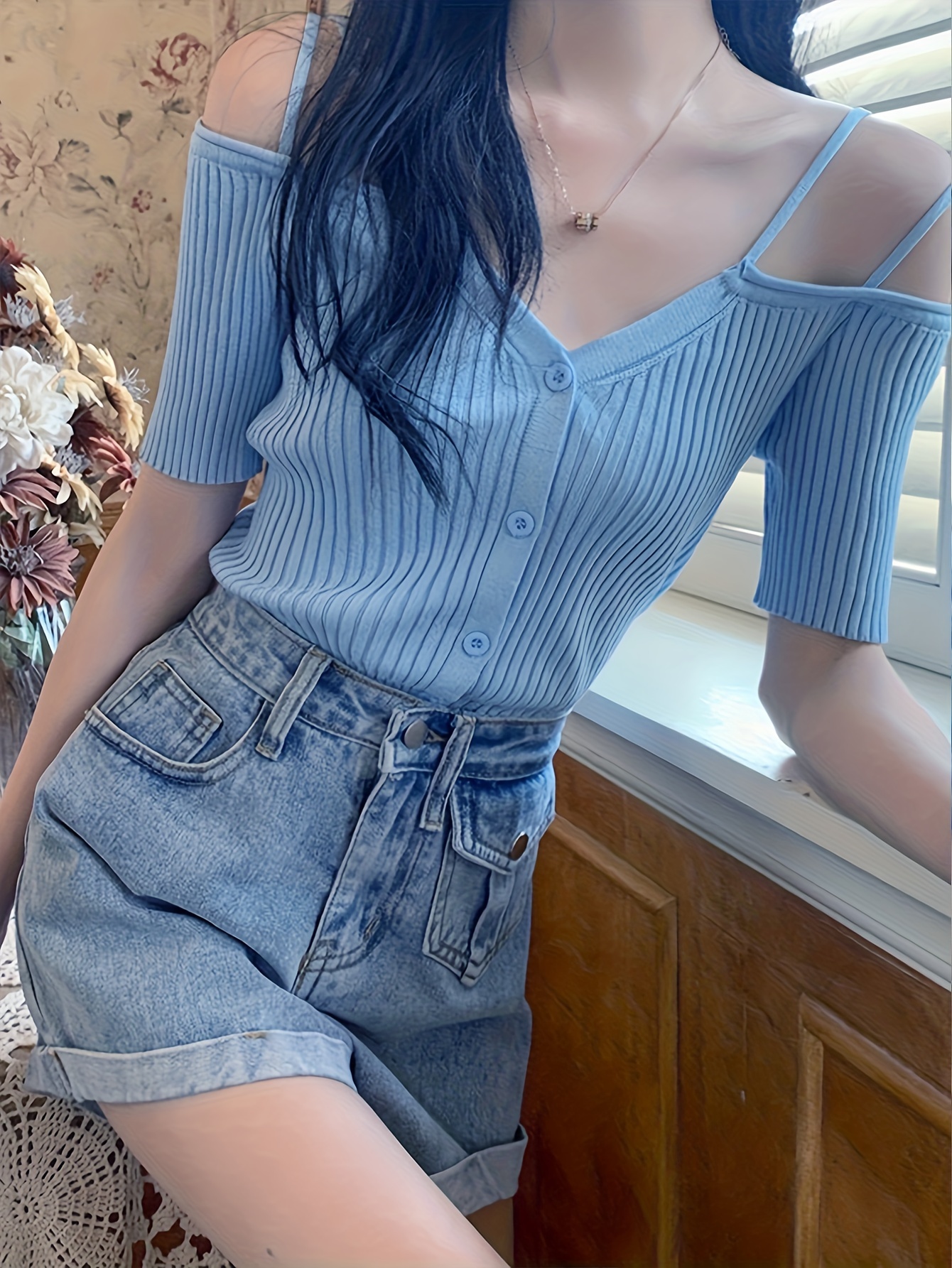 Shoulder Button Knitted Top Sexy Short Sleeve Sweater Spring - Temu