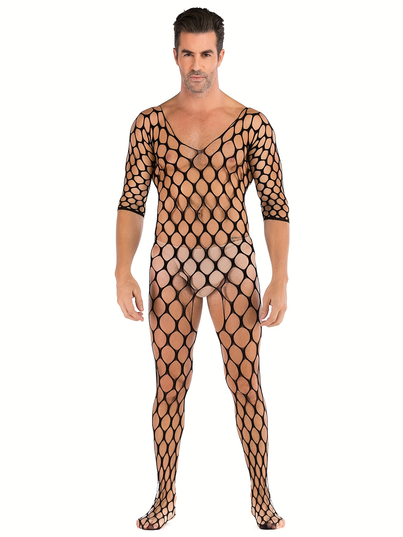 Mens Sexy Sheer Mesh Full Body Pantyhose Jumpsuit Clubwear