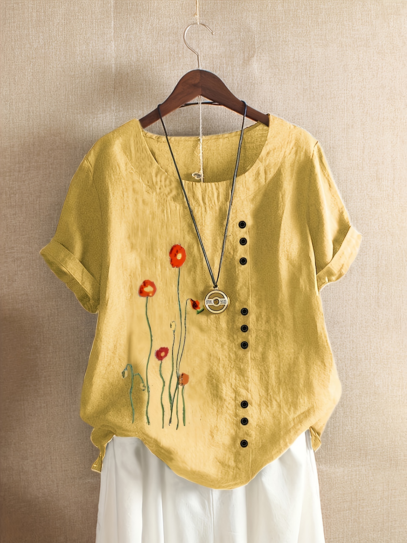 Flower Pattern Button Front Blouse Casual Crew Neck Short - Temu