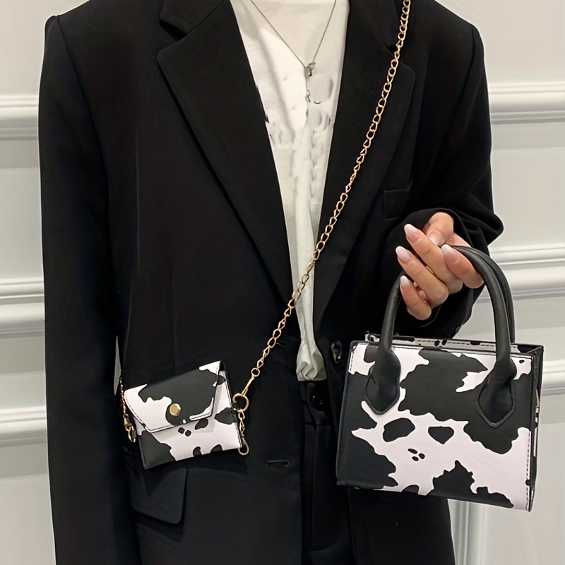 Mini Cute Cow Print Crossbody Bag, Kawaii Square Shoulder Bag