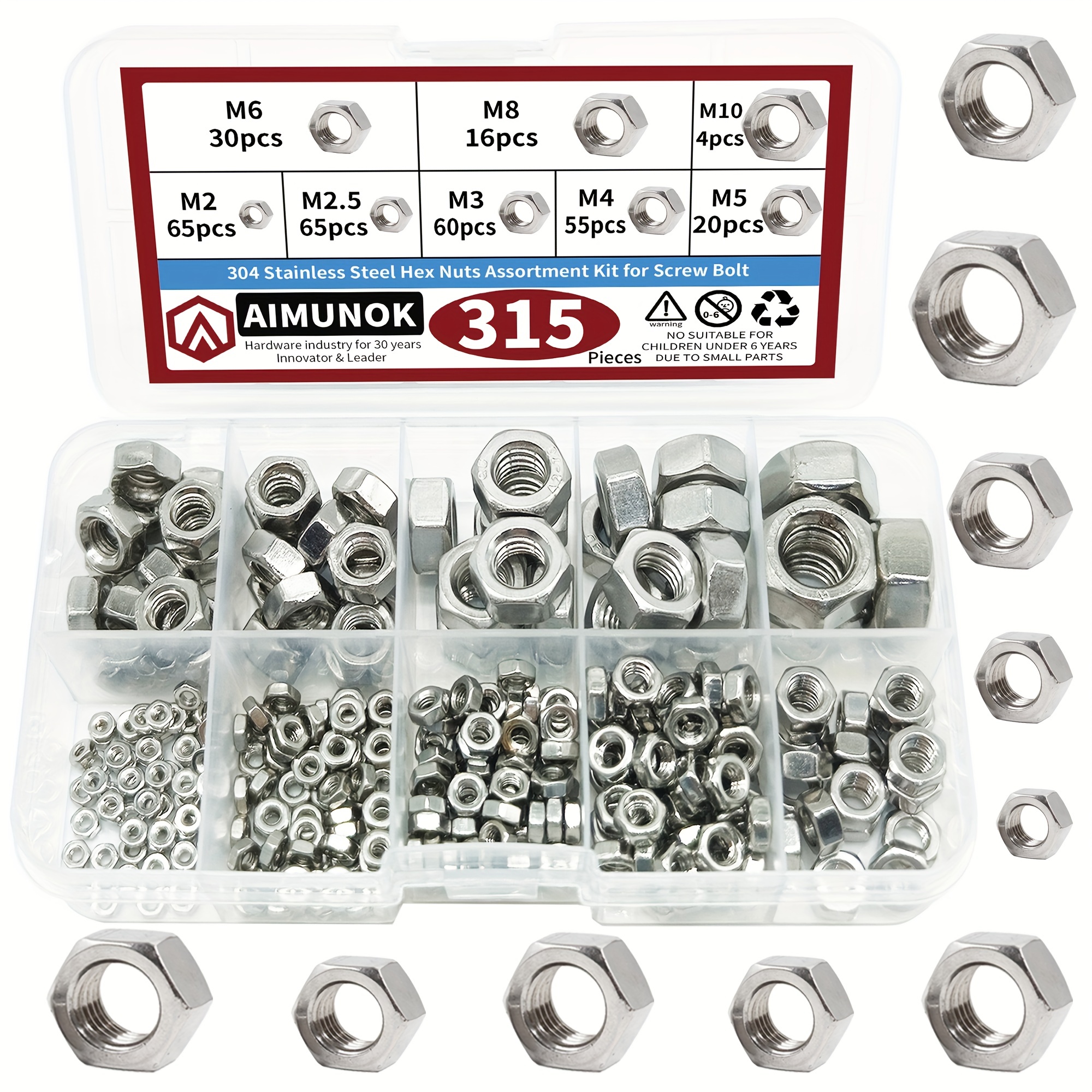

304 Stainless Steel Hex Nuts Assortment Kit - 315pcs M2-m12 A2-70 Nuts Set For Screws & Bolts