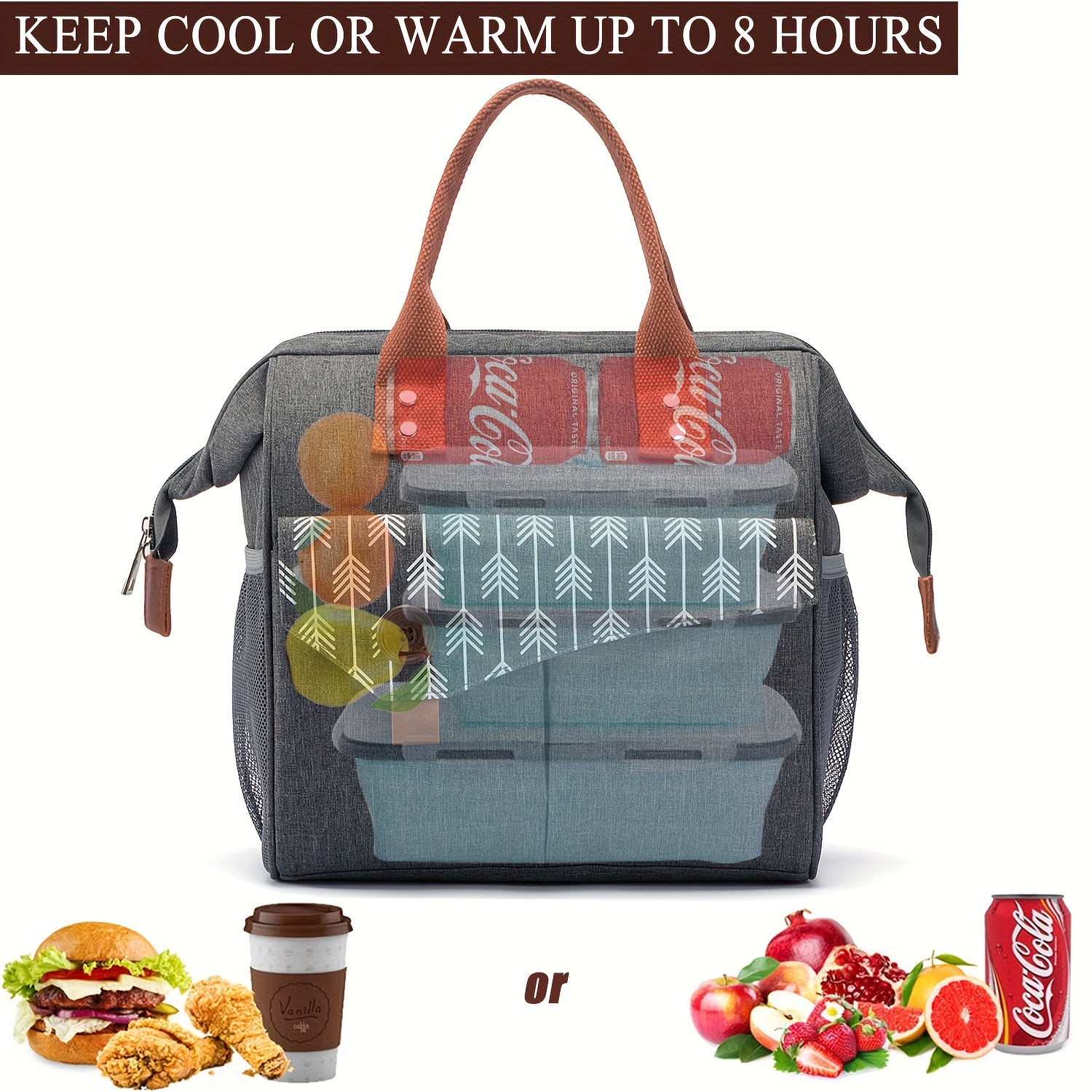 BALORAY Bolsas de almuerzo para mujer, bolsa de almuerzo con 2 bolsillos  laterales a prueba de fugas con forro aislado, lonchera para
