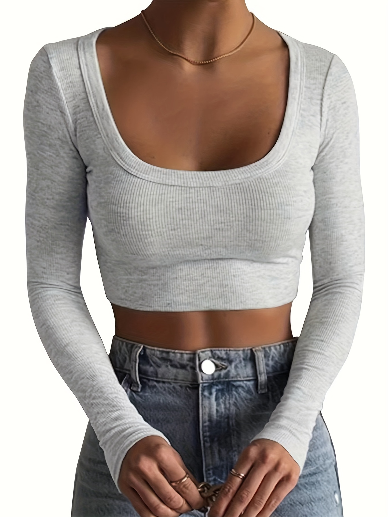 Mesh Long Sleeve Crop Top V Neck Casual Every Day Top Spring - Temu