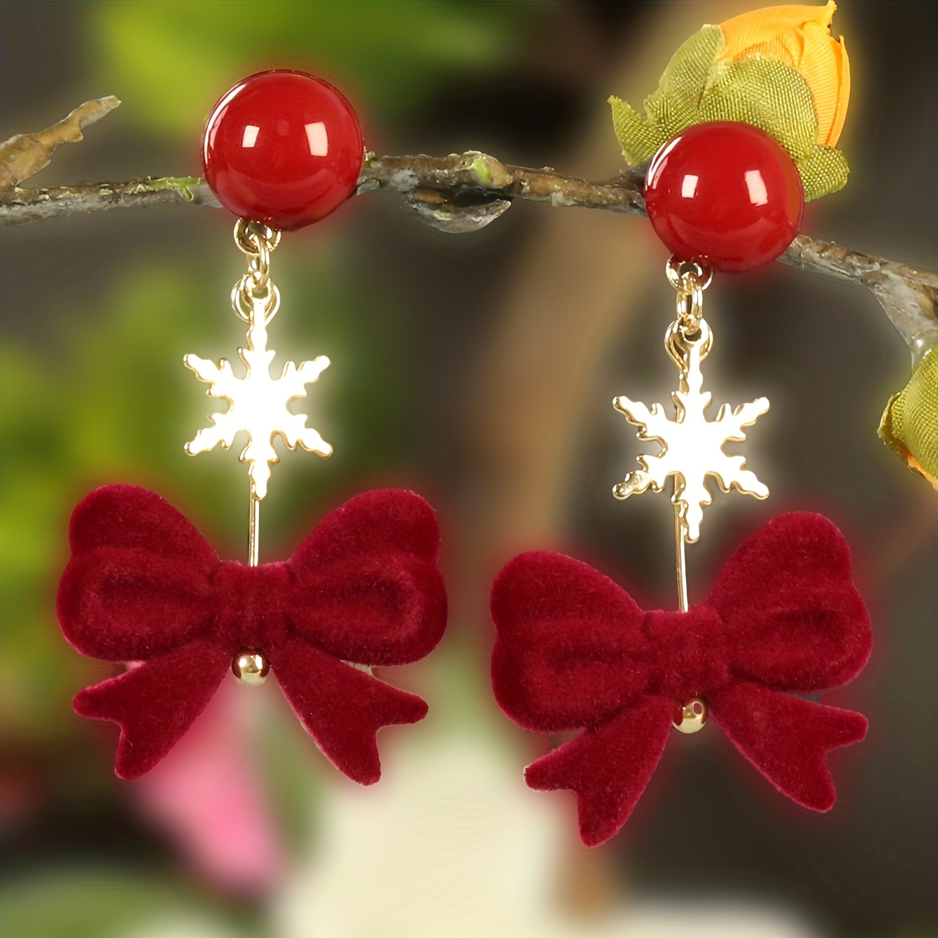 Christmas Red Flocking Bow Faux Pearl Decor Dangle Earrings Retro Elegant  Style Zinc Alloy Jewelry Delicate Christmas Ear Ornaments