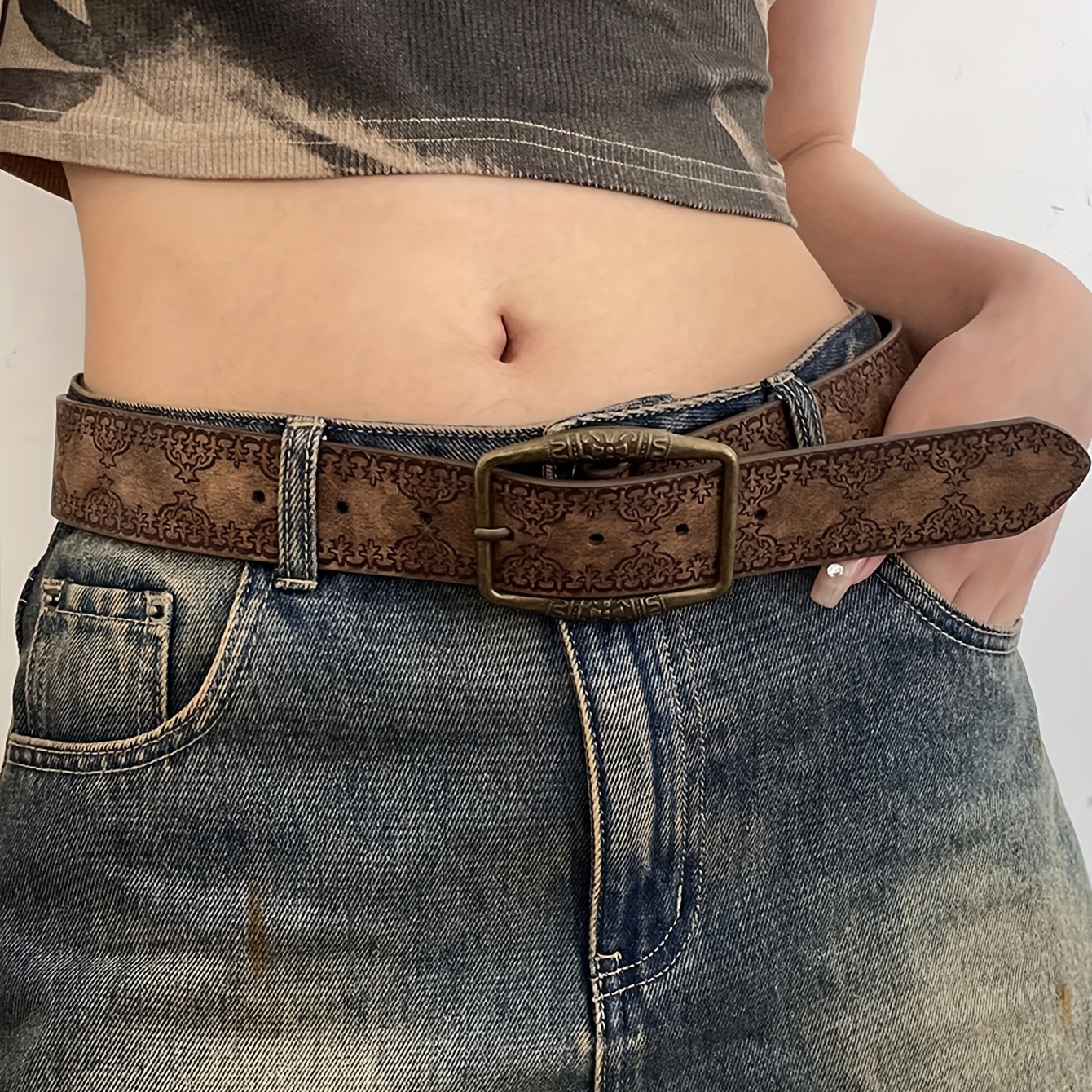 

Vintage Embossed Pu Wide Belts Classic Jeans Pants Waistband Western Cowgirl Belt For Women