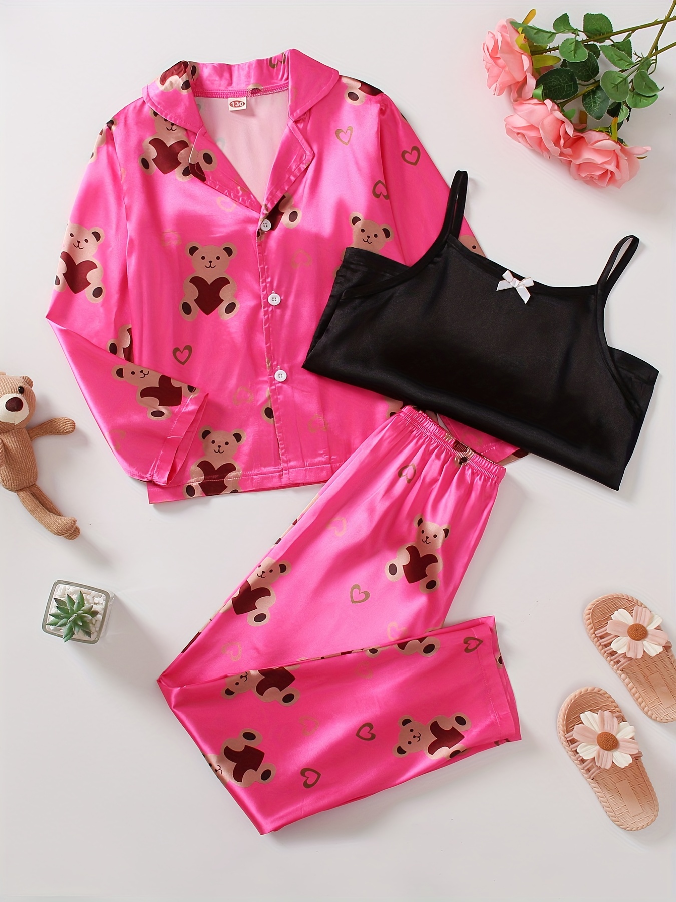 Cartoon Bear Print Pajama Set Long Sleeve Lapel Buttons Top - Temu