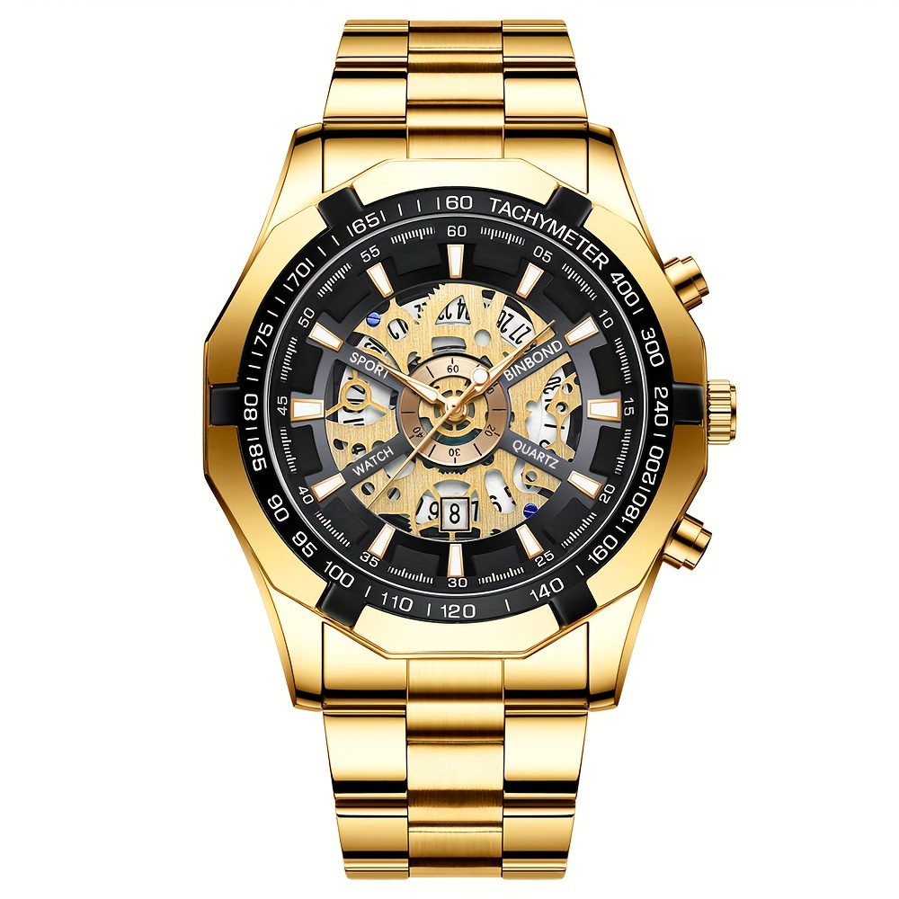   hollow quartz waterproof student back to school mens watch golden strap and black   8