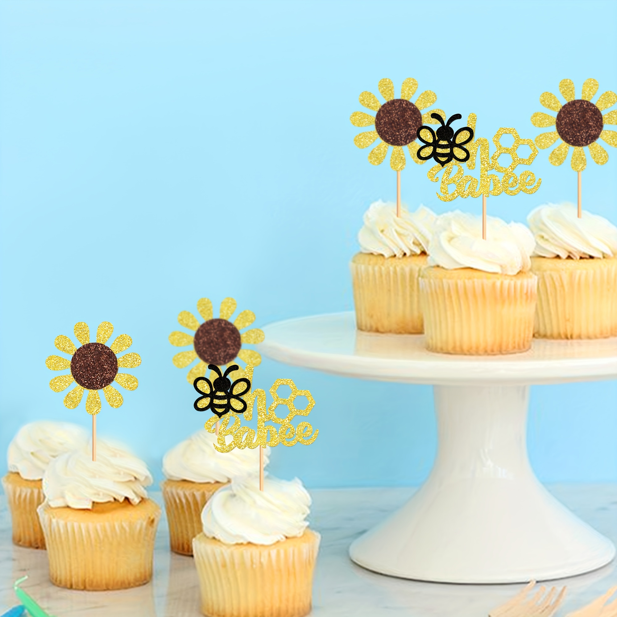 24pcs Bee Cake Topper Glitter Bumble Bee Cupcake Toppers Dessert Cake Decor  For Baby Shower Gender Reveal Birthday