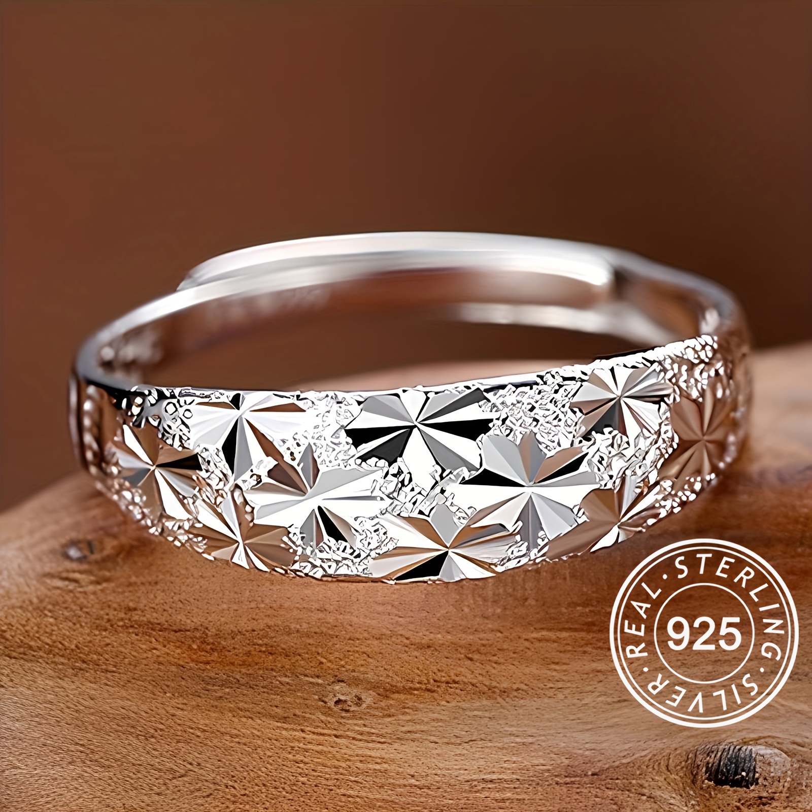 925 Silver Band Ring Geometric Carving Surface Men Women Adjustable High Ring