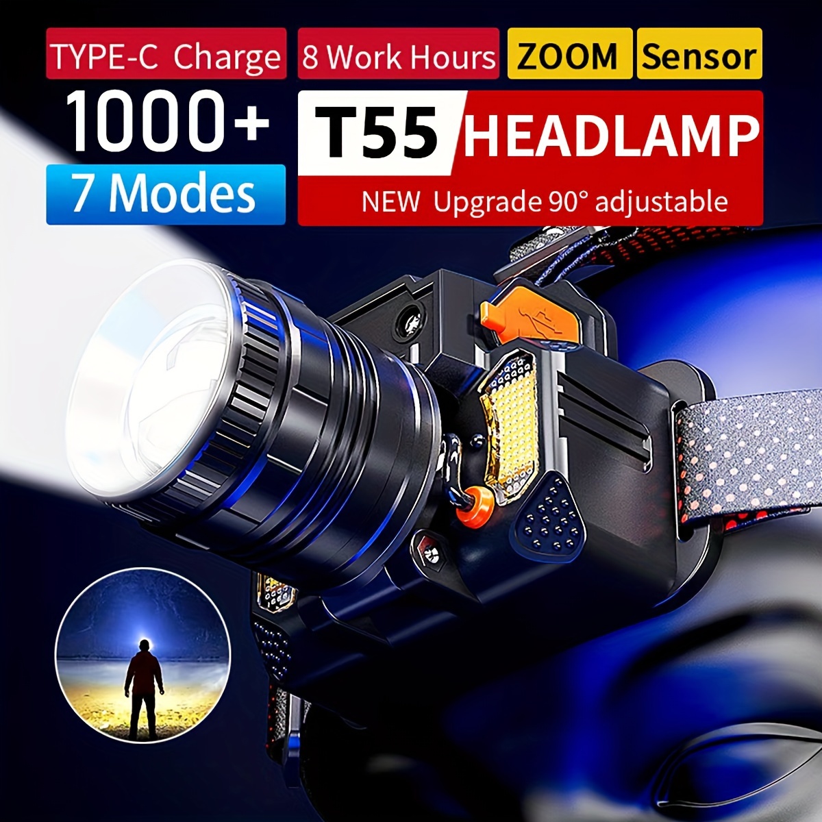 Linterna frontal LED recargable, 6000 lúmenes, zoom y lámpara de cabeza  ajustable de 90°, faros delanteros para adultos, IPX4 impermeable, faro  para