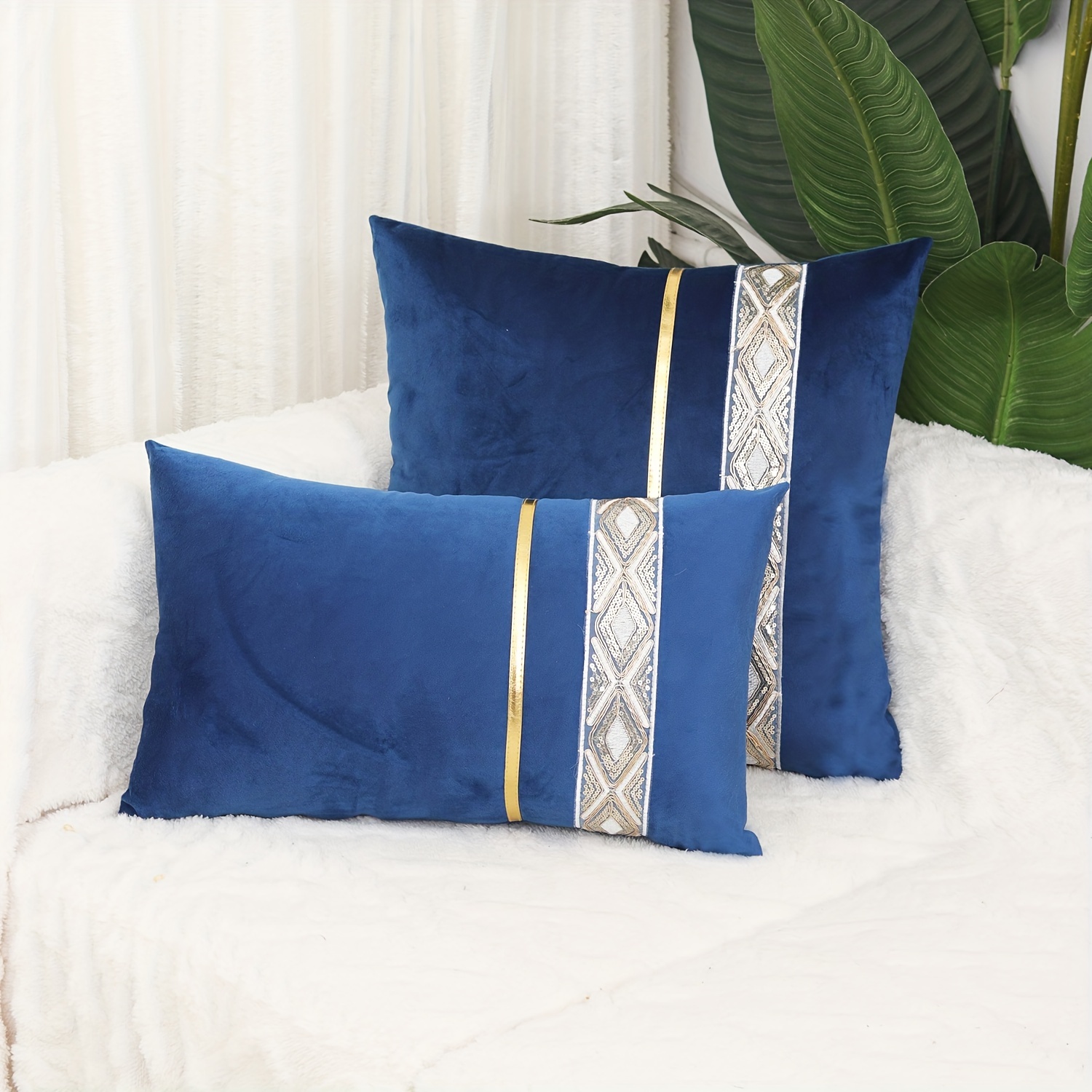 Navy Throw Pillows With Inserts Included Velvet Striped - Temu