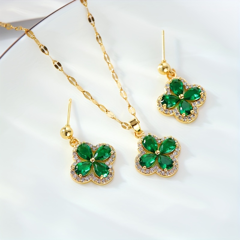 4pcs Luxury & Exquisite Emerald & Crystal Necklace, Earrings, Ring Set,  Suitable For Banquet, Evening Dress Accessories