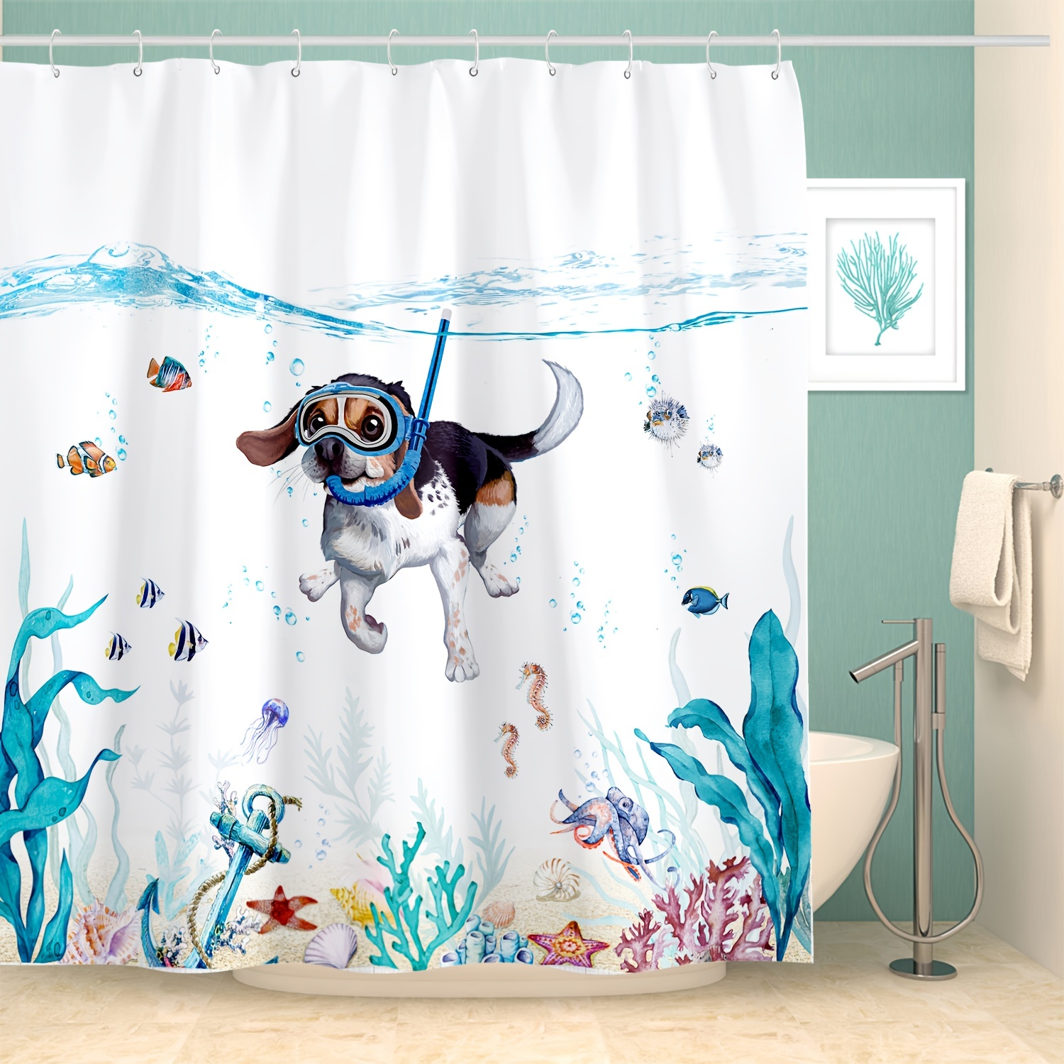 Funny Diving Dog Pattern Shower Curtain Teal Blue Sea Ocean - Temu