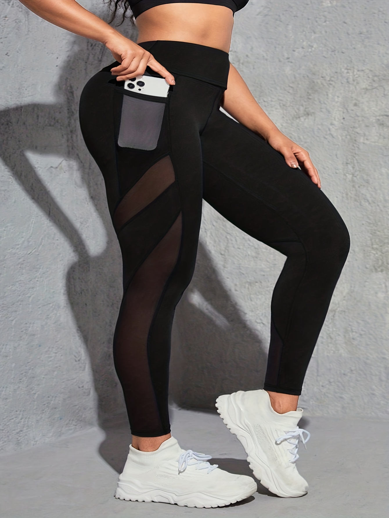 Plus Size Sports Leggings, Women's Plus Contrast Mesh Elastic High Waisted  Medium Stretch Running Yoga Pants With Phone Pockets
