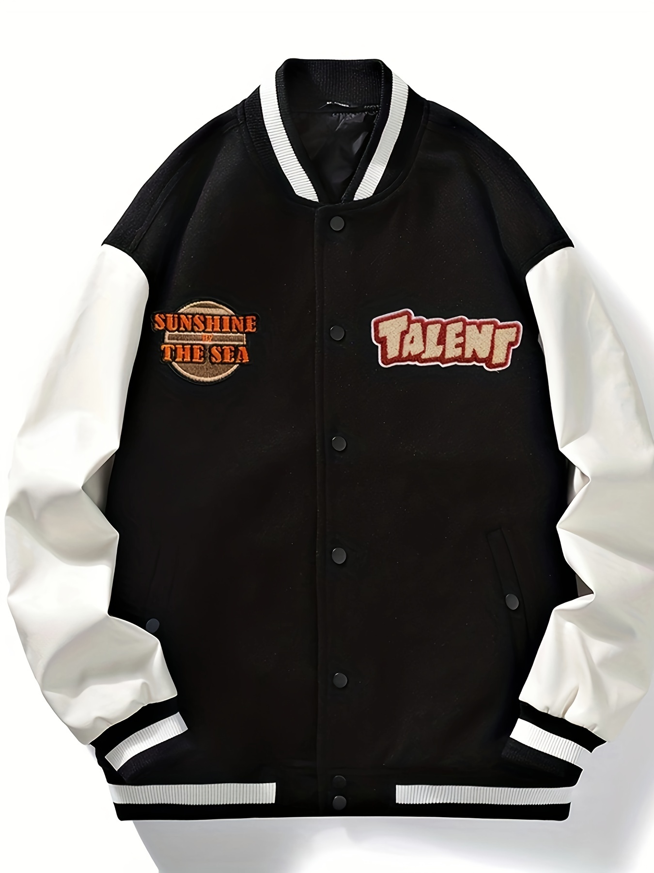 Embroidery Varsity Jacket, Men's Casual Color Block Button Up