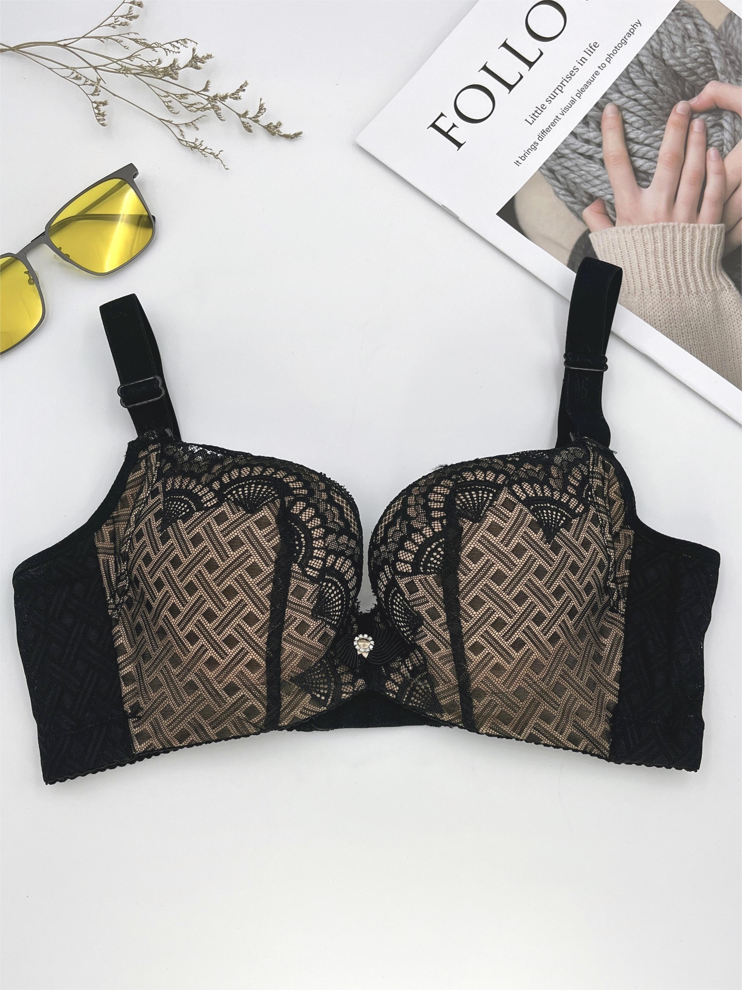 Contrast Lace Push Bra Comfy Breathable Intimates Bra - Temu Italy