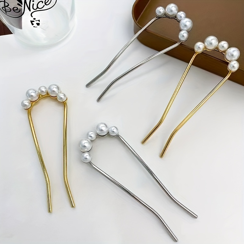 8pcs Faux Pearl Decor U-shaped Hairpin Metal Barrette Hair Stick Bridal  Tiara Wedding Headwear Hairstyle Hair Accessories