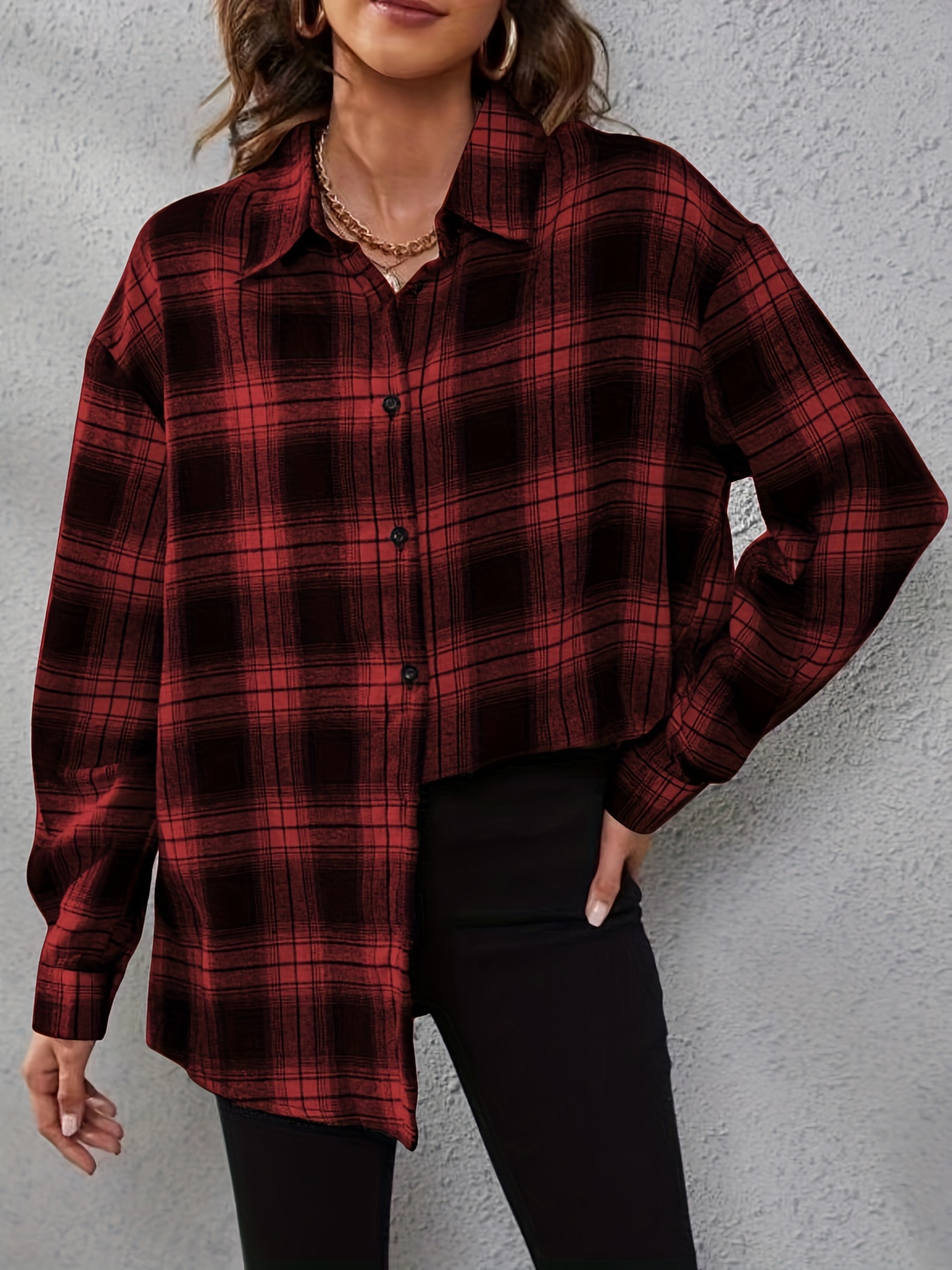 Plaid Print Button Front Shirt Casual Cuff Sleeve Lapel - Temu