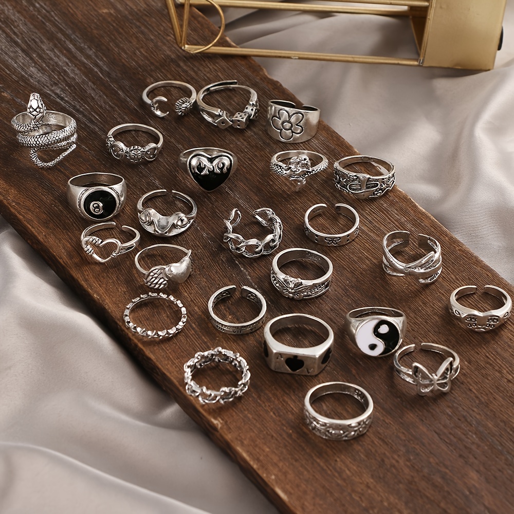 24pc Antique Silvery Vintage Stackable Ring Set, Punk Style