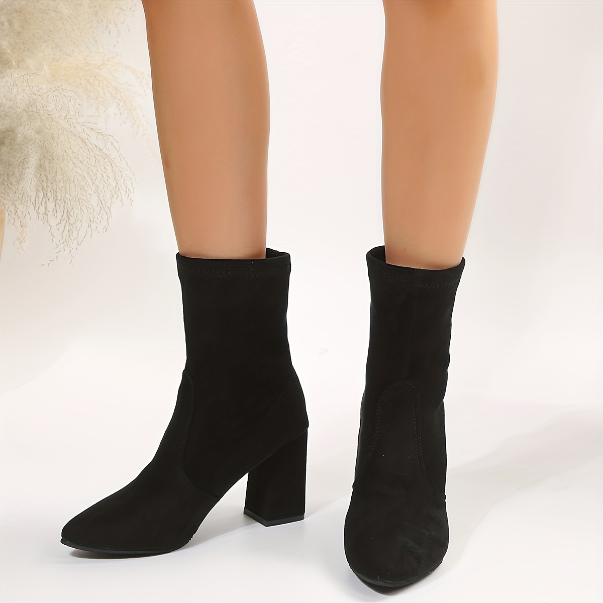 Women's Solid Color Block Heels, Elegant Point Toe Dress Boots, Comfortable  Slip On Ankle Boots