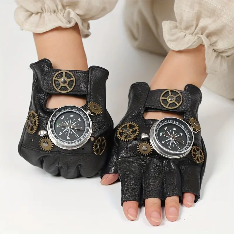 Halloween Steampunk Leather Gloves Compass Gear Decor Black Fingerless Short Gloves Costume Party Accessories for Women & Men,Black Gloves + Silver