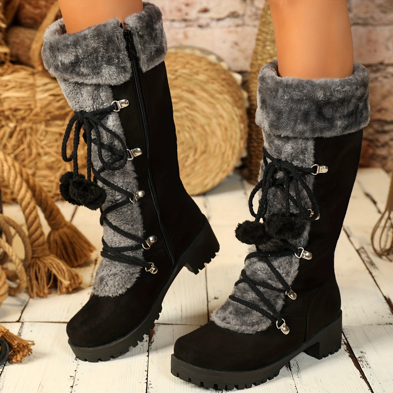 Women's Cute Fleece Snow Boots, Pom-pom Lace Up Chunky Heeled Mid Calf  Boots, Winter Warm Outdoor Boots