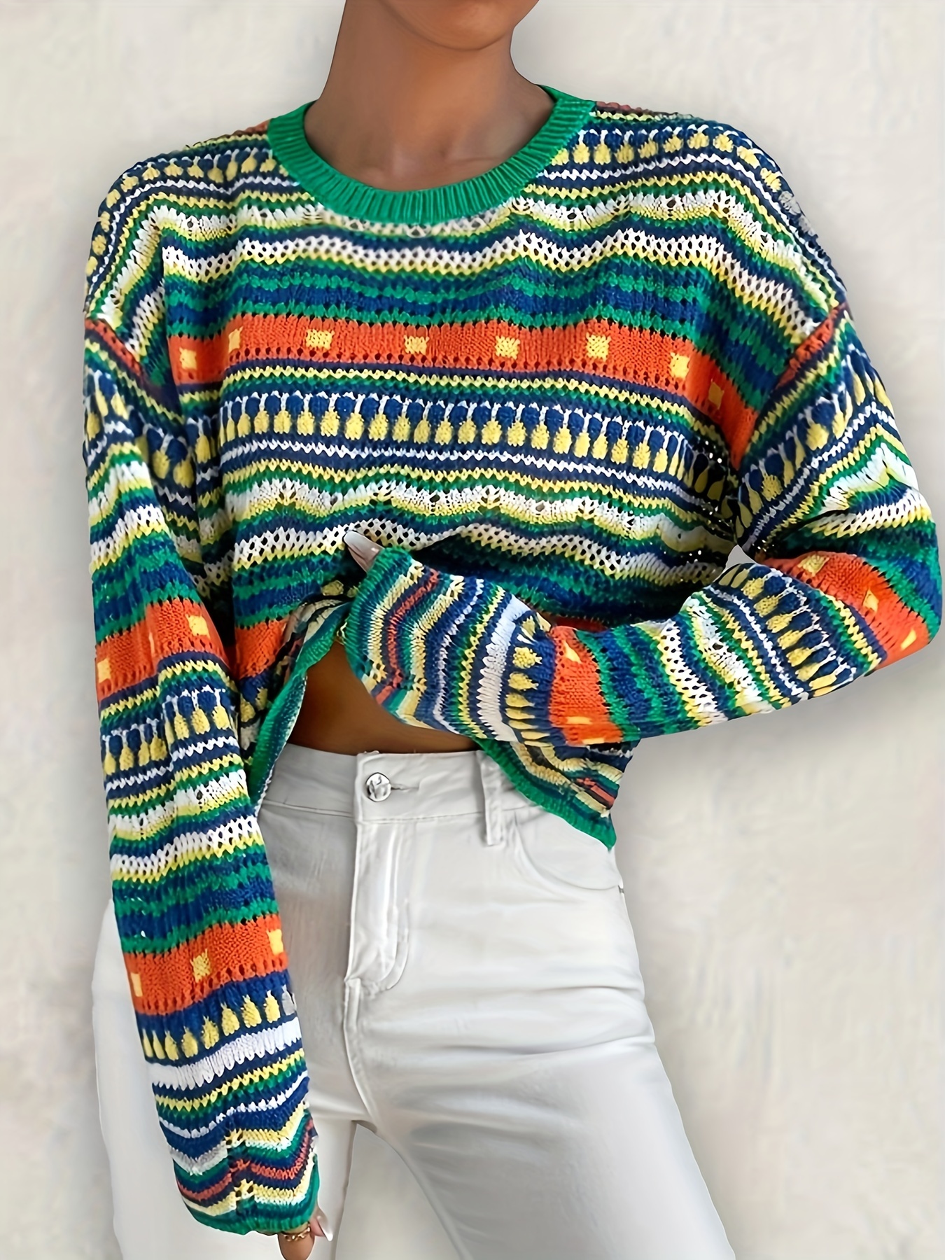 Ethnic Print Eyelet Knit Sweater Casual Crew Neck Long Sleeve Sweater
