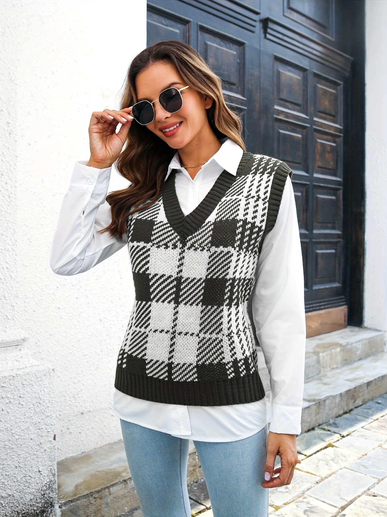 Plaid Print Sweater Vest Preppy V Neck Sleeveless Versatile - Temu