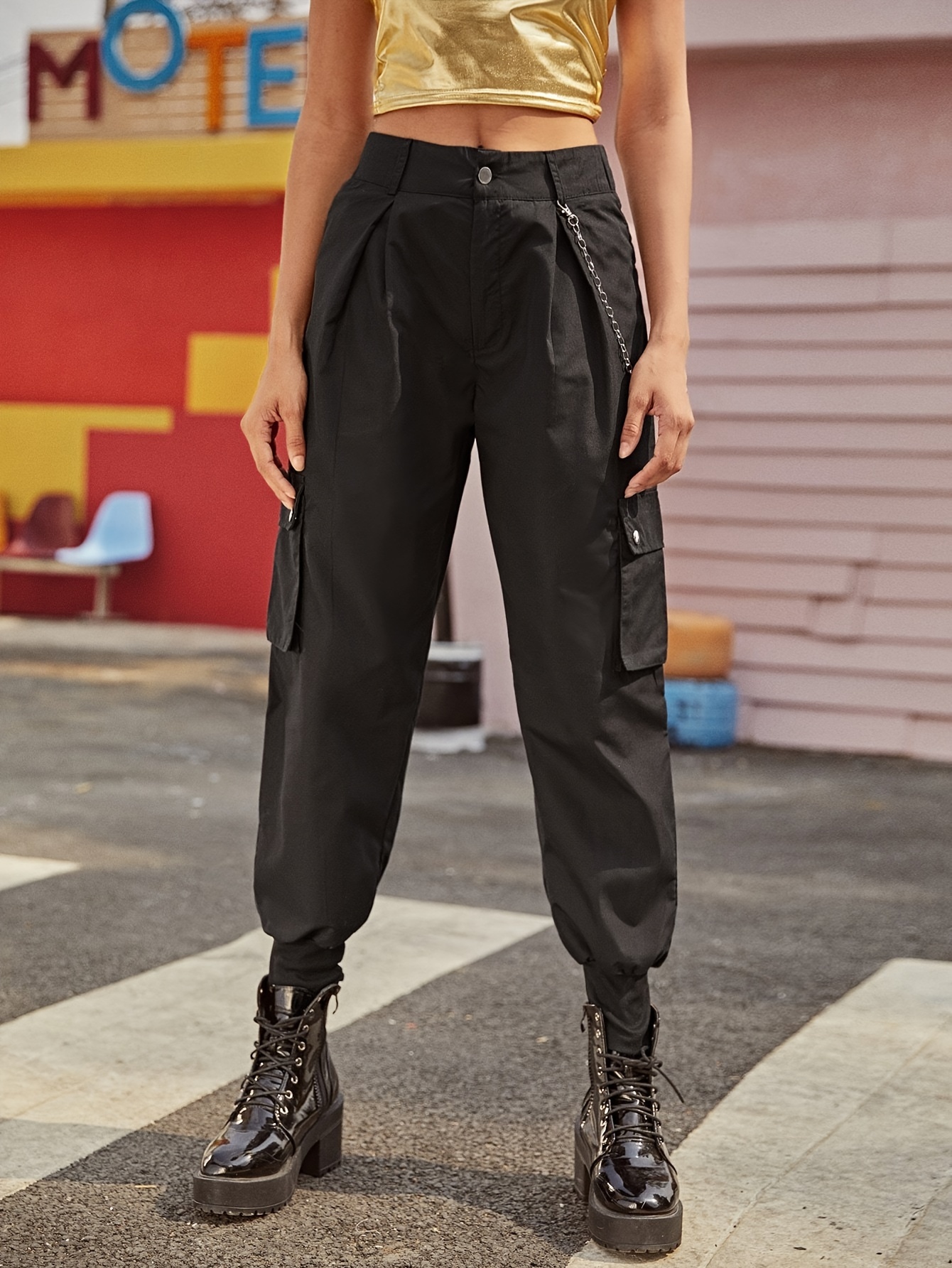 Solid Flap Pocket Jogger Cargo Pants, Vintage Streetwear Pants For Spring &  Fall, Women's Clothing