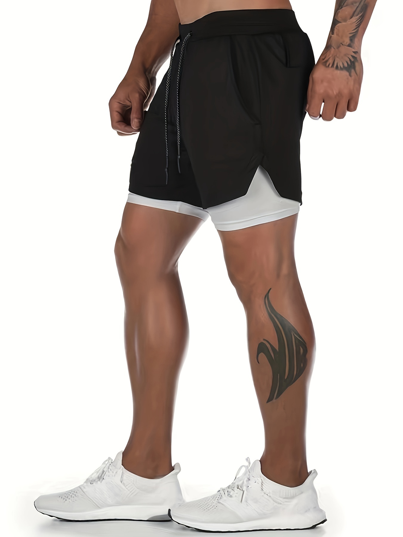 Men's Two Layers Gym Running Shorts With Pockets, Active Quick Dry Mid Stretch Breathable Durable Drawstring Workout Shorts For Summer Outdoor