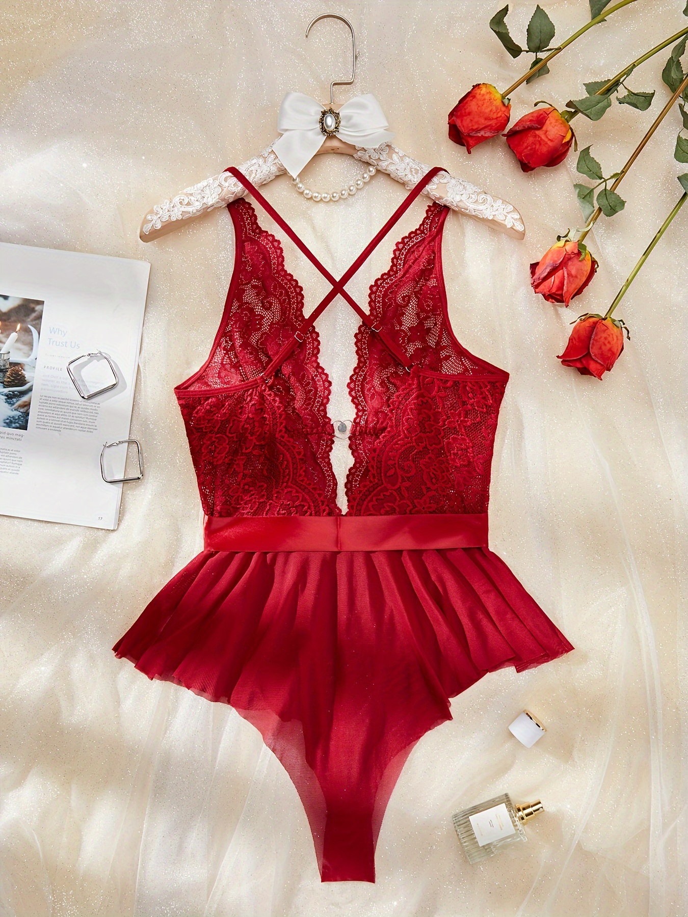 Hot Floral Lace Plunging Teddy Contrast Mesh Backless Bow - Temu