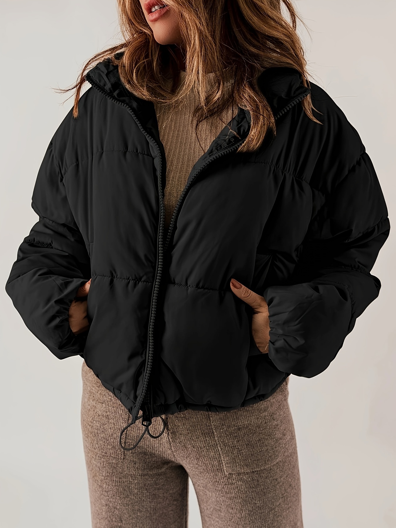 Solid Color Zip Puffy Jacket Casual Long Sleeve Coat Fall - Temu Canada
