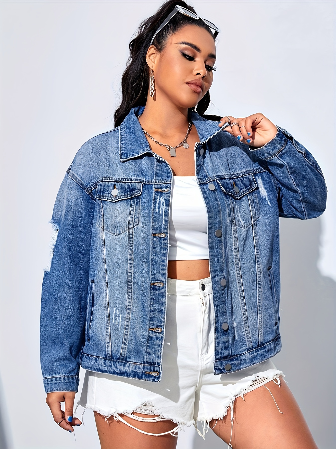 Ripped denim store jacket plus size