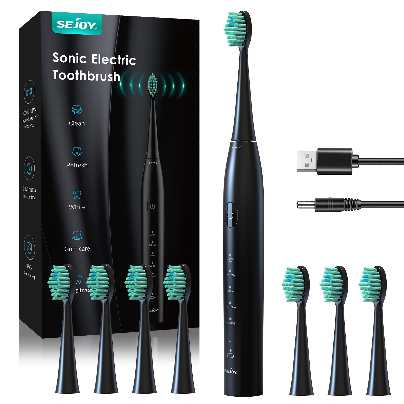 SEJOY Electric Toothbrush Sonic Adults Kids Rechargeable 5 Modes 8 Brush Heads