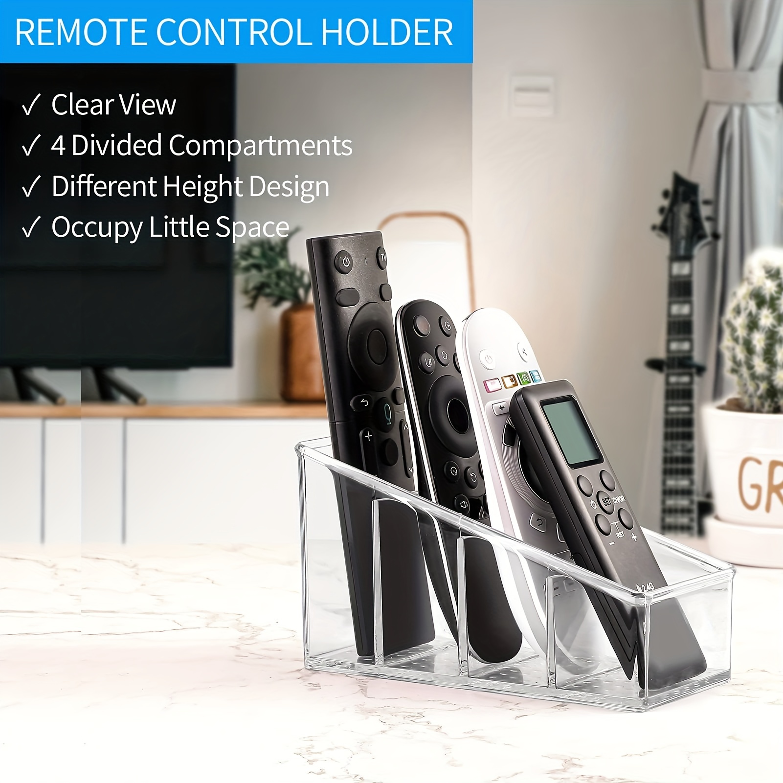 Clear Plastic Remote Control Holder with 4 Compartments for Organization