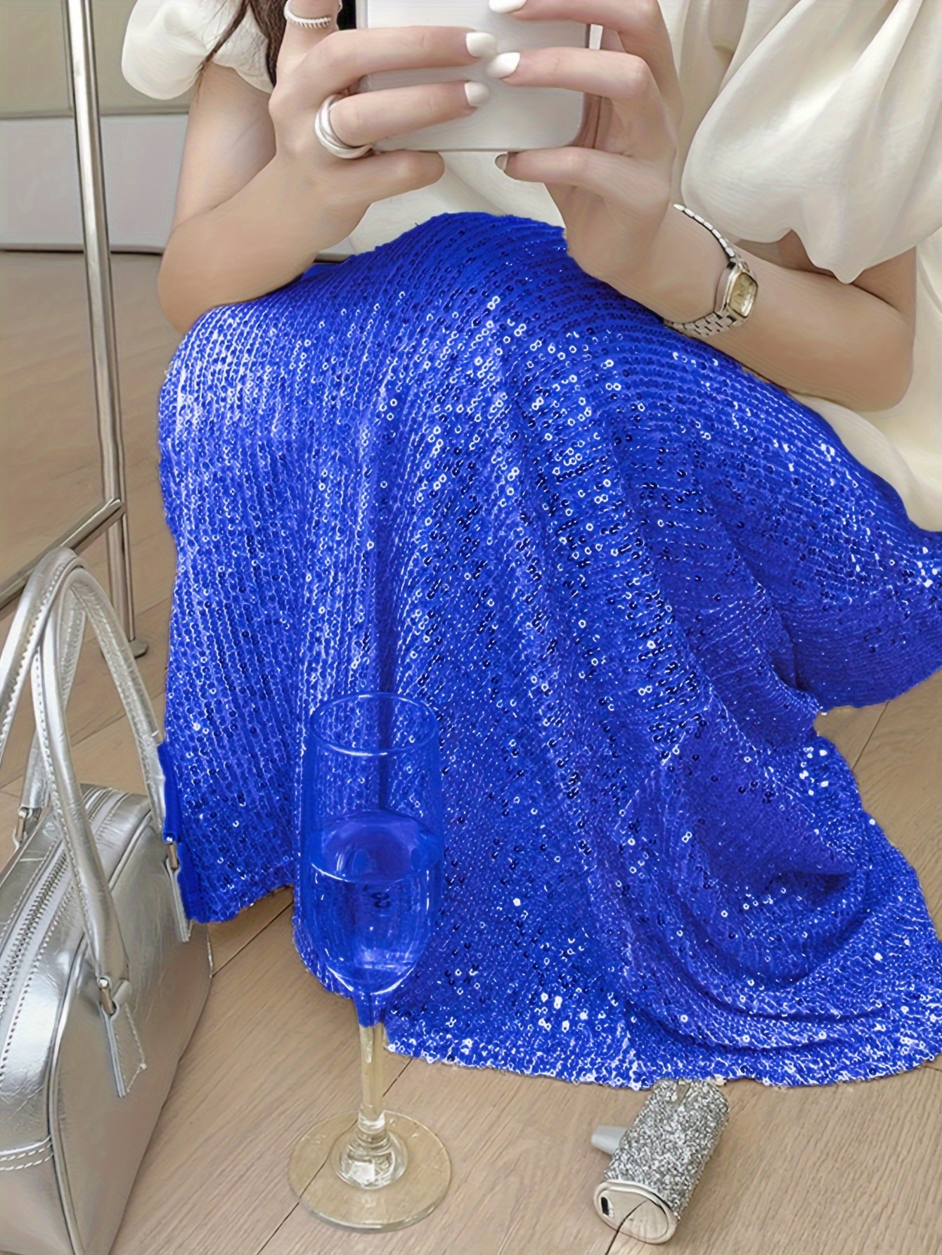 Plus size shop blue sequin skirt