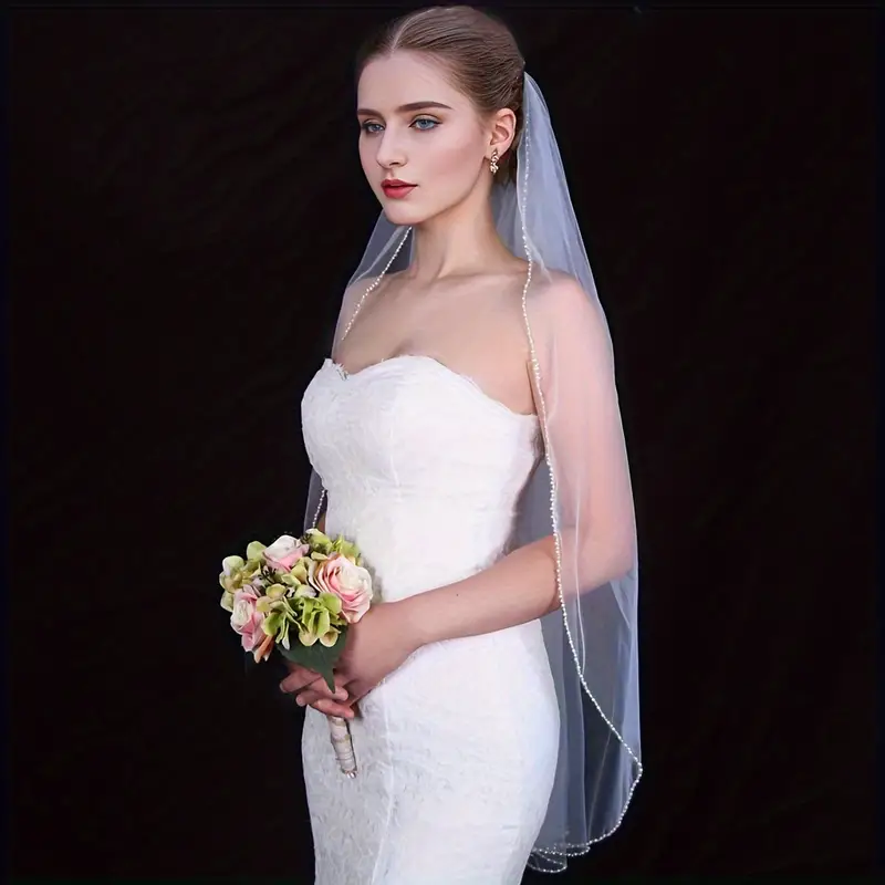 Wedding Veil Handmade Beaded Bridal Veil Single Layer Fingertip Length  Church Wedding Veil Soft Tulle - Temu