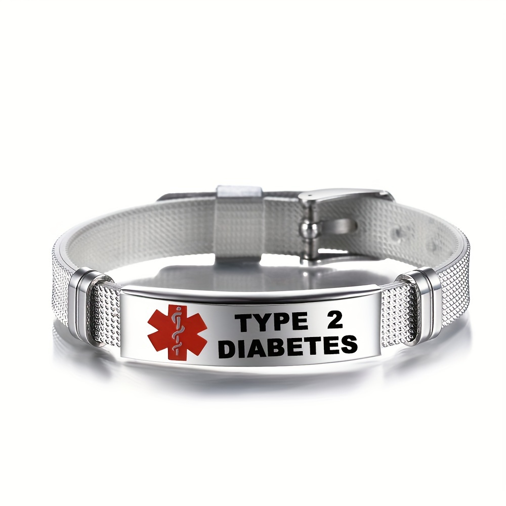 

1pc Stainless Steel Snake Cane Bracelet With Red Medical Alert Type 2 Diabetes, Men's Emergency Bracelet