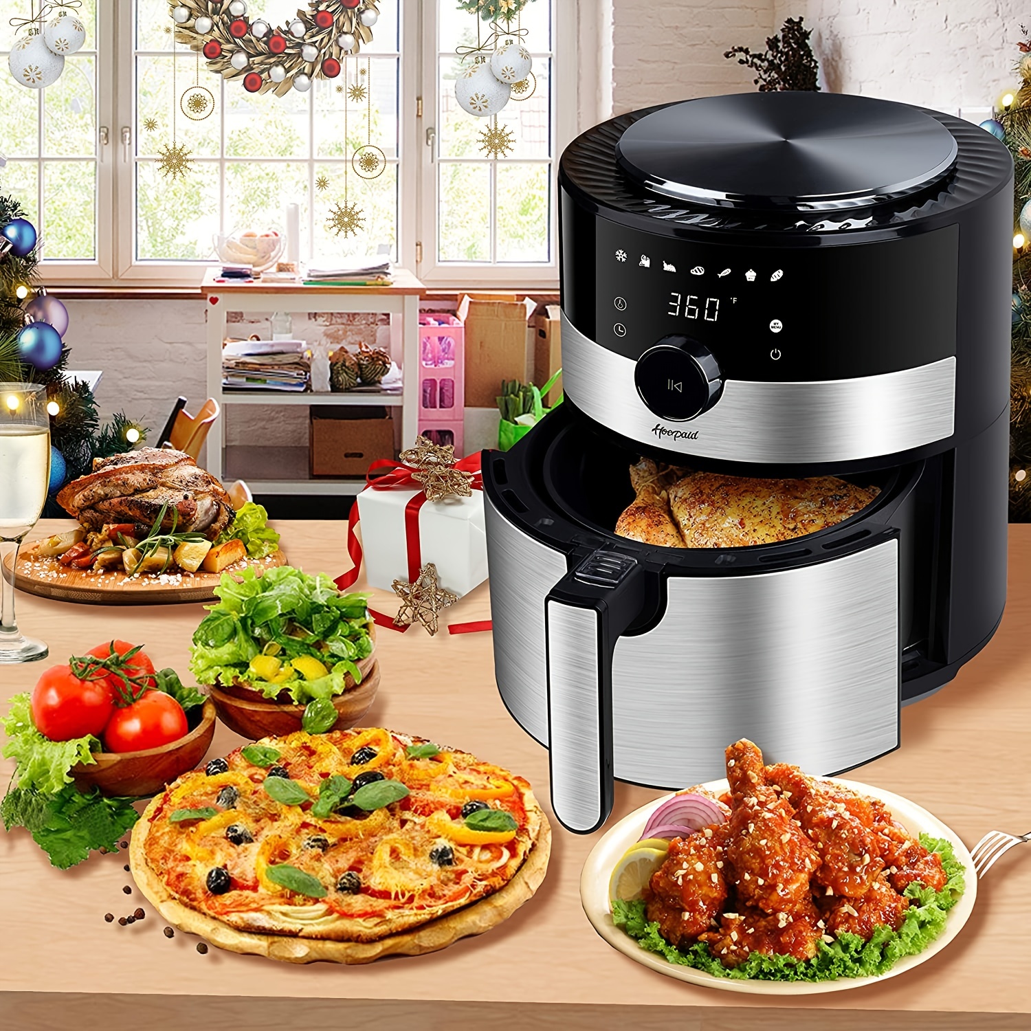 air fryer 3 6 quart family electric oilless hot air fryer oven with non stick basket and rack touch screen and knob 8 preset modes led display suitable for home party office 1350w details 1