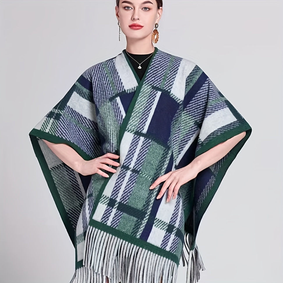 Boho Rhombic Plaid Pullover Poncho Vintage Striped Tassel - Temu