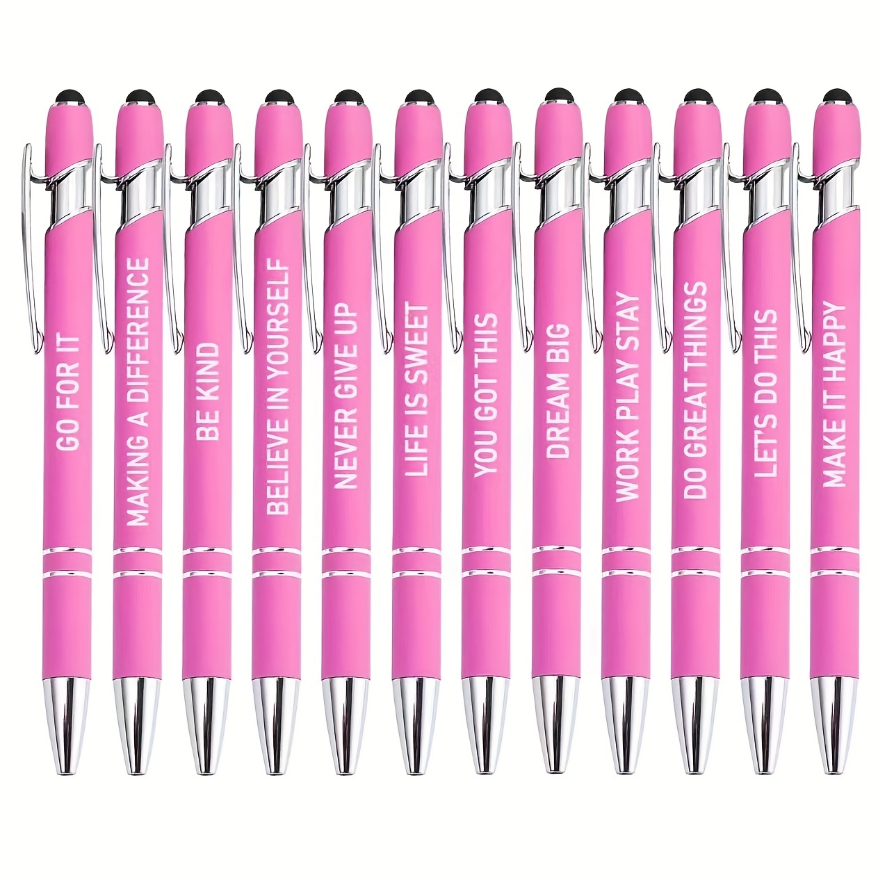 

12pcs Pink Inspirational Quotes Pretty Cute Ballpoint Pens With Screen Touch Stylus Tips Inspirational Encouragement For Office Women To Use Fine Point Smooth Black Ink