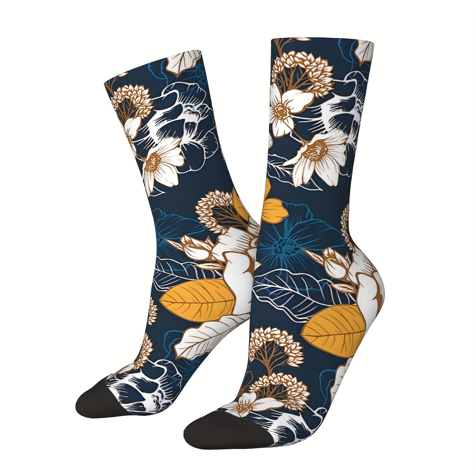 

A Pair Of Men's Trendy Flower Pattern Novelty Crew Socks, Comfy Breathable Casual Soft Socks For Men's Outdoor Activities