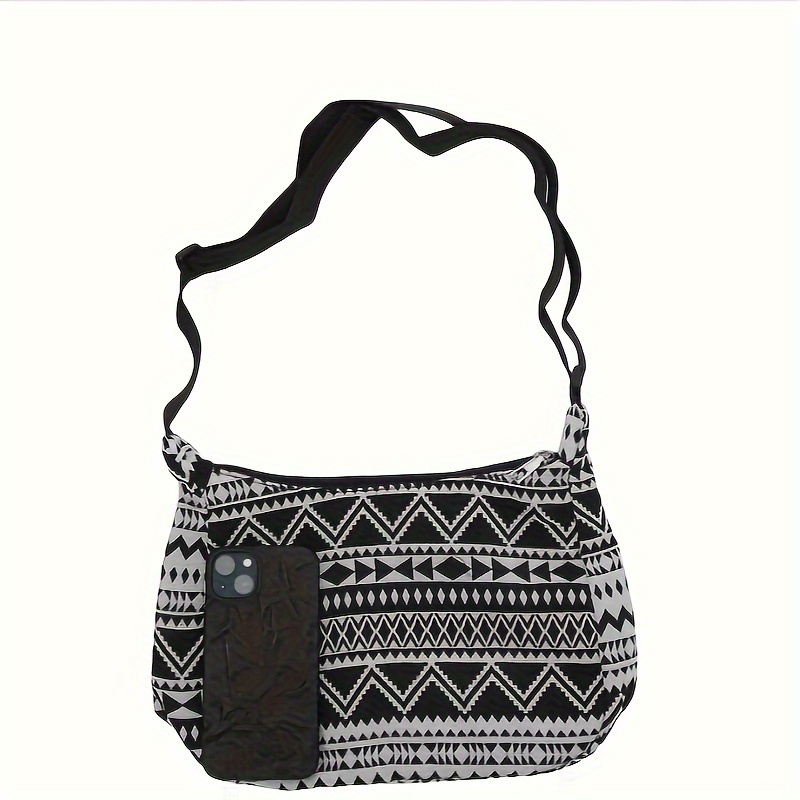 Large Black & White Symmetric Pattern Printed Cotton Canvas Yoga Mat Cross  Body Hobo Messenger Bag