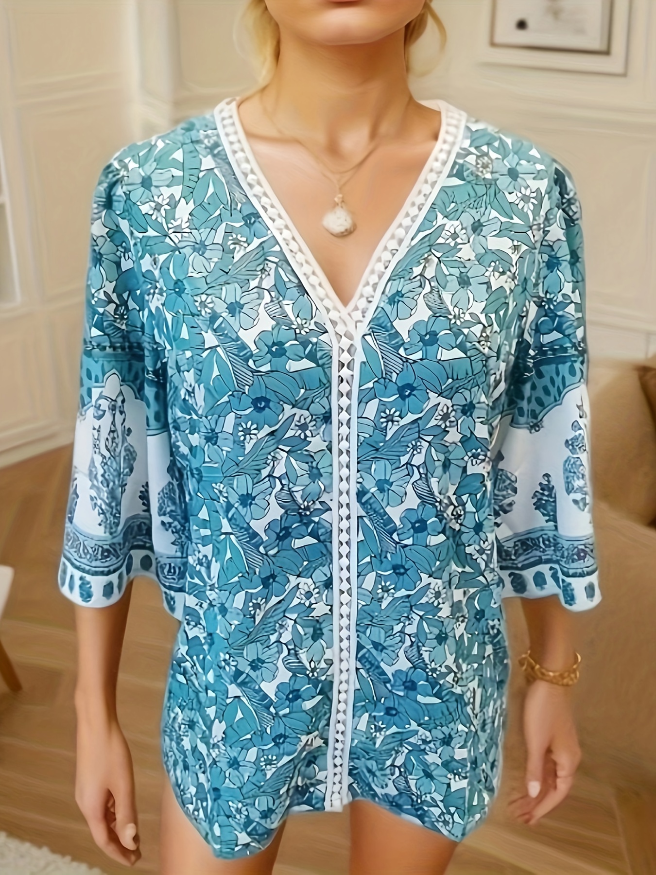 Floral Print Lace Trim Blouse Boho V Neck 3/4 Sleeve Blouse - Temu