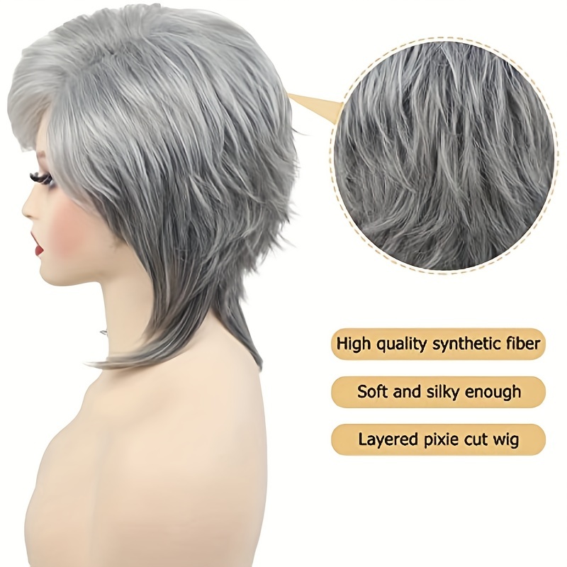 Short Grey Pixie Wig for Women Silver Grey Hair Replacement Cosplay Party Wig